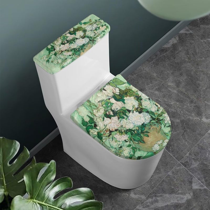 CREAMIC Van Gogh White Rose Toilet Lid Cover and Tank Lid Cover Machine Wash Bathroom Super Soft Toilet Lid Cover Set Seat Covers Fits Most Lids for Accessories Decor - Image 2